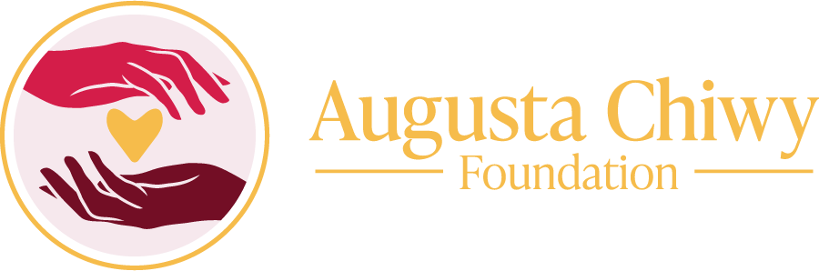 Yellow Augusta Chiwy logo with pink background and 2 hands and yellow heart