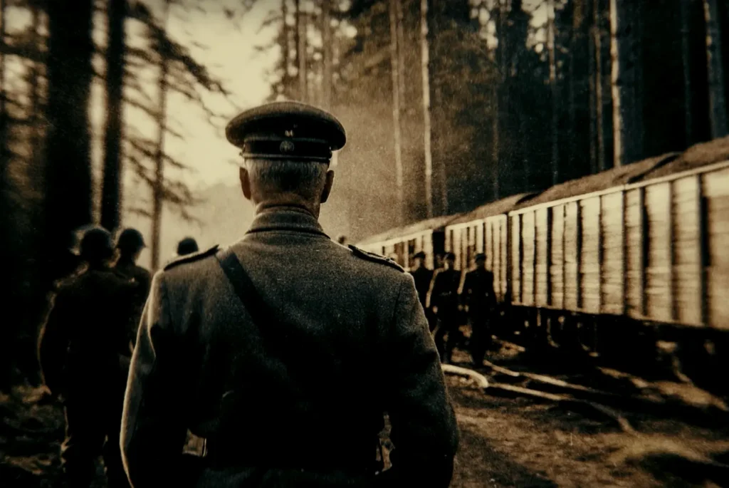 Soldiers in woods, train on tracks next