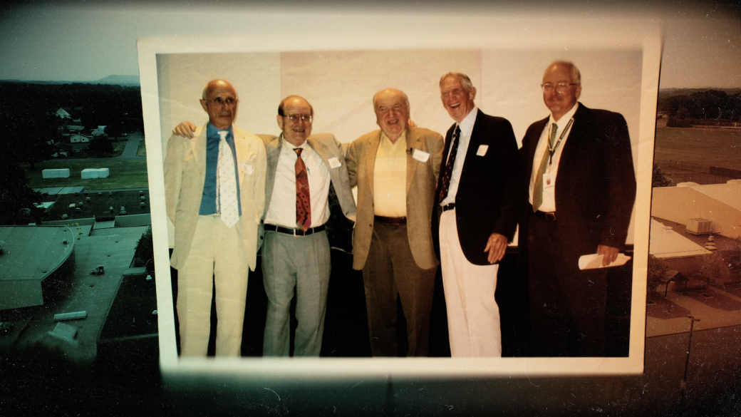 An old photograph of train survivors, liberators, and the author of "A Train Near Magdeburg"